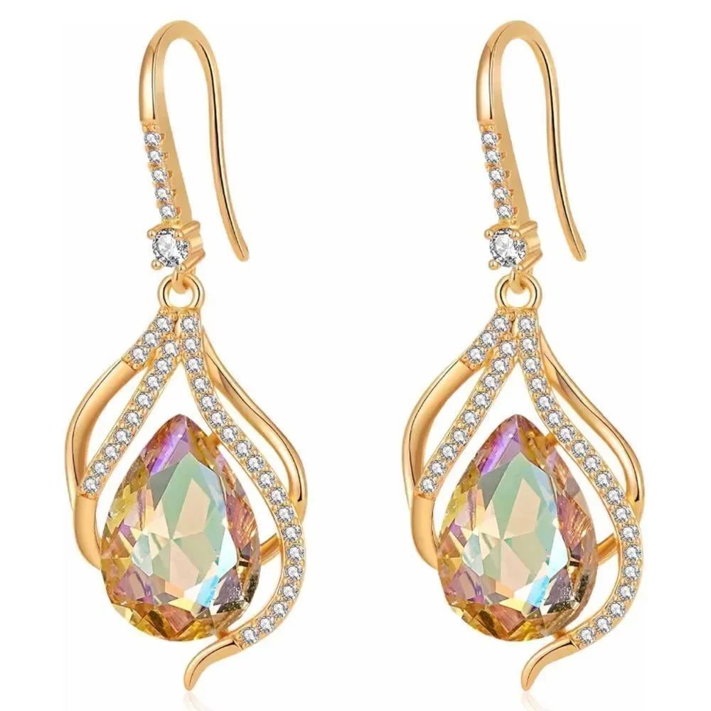 14K Yellow Gold Champagne Topaz AB Austrian Crystal Twisted Teardrop Earrings